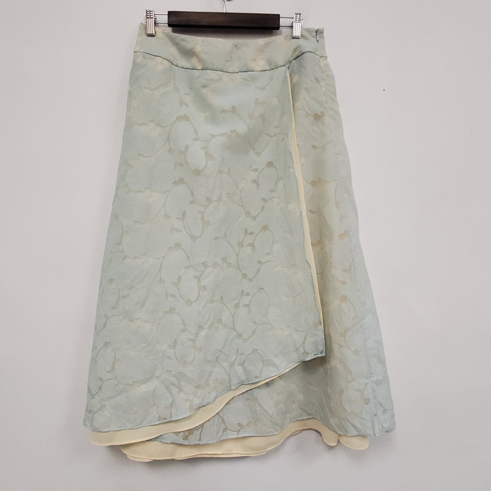 J Jill Womens Linen Blend Asymmetrical Fairy Midi Skirt Size 12 Blue Cream Flowy